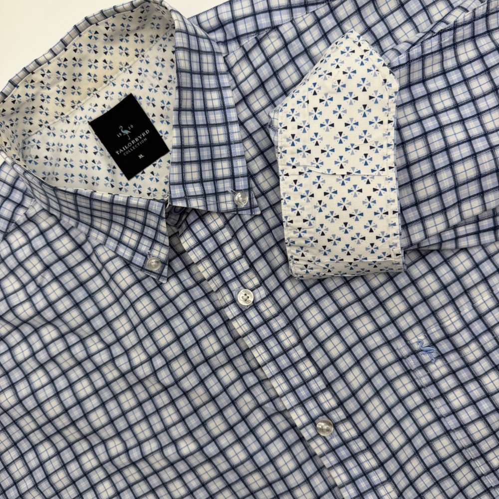 Tailorbyrd Collection Men XL Blue White Check Cotton Button Down Flip Cuff Shirt